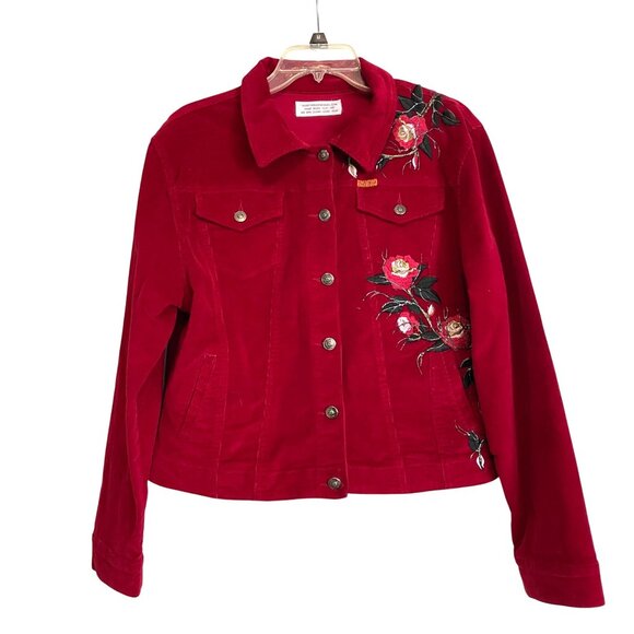 Judy Blue Womens Red Corduroy Embroidered Button-Up‎ Jacket L Unique Retro Boho - Picture 1 of 11
